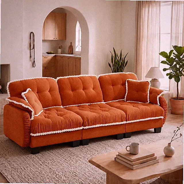 Chenille Cloud 3-Seater Sofa w/4 Pillows,Pom-Pom Trim Quilted Tufted Cushion Er