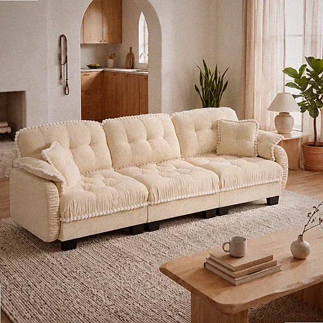 Chenille Cloud 3-Seater Sofa w/4 Pillows,Pom-Pom Trim Quilted Tufted Cushion Erg