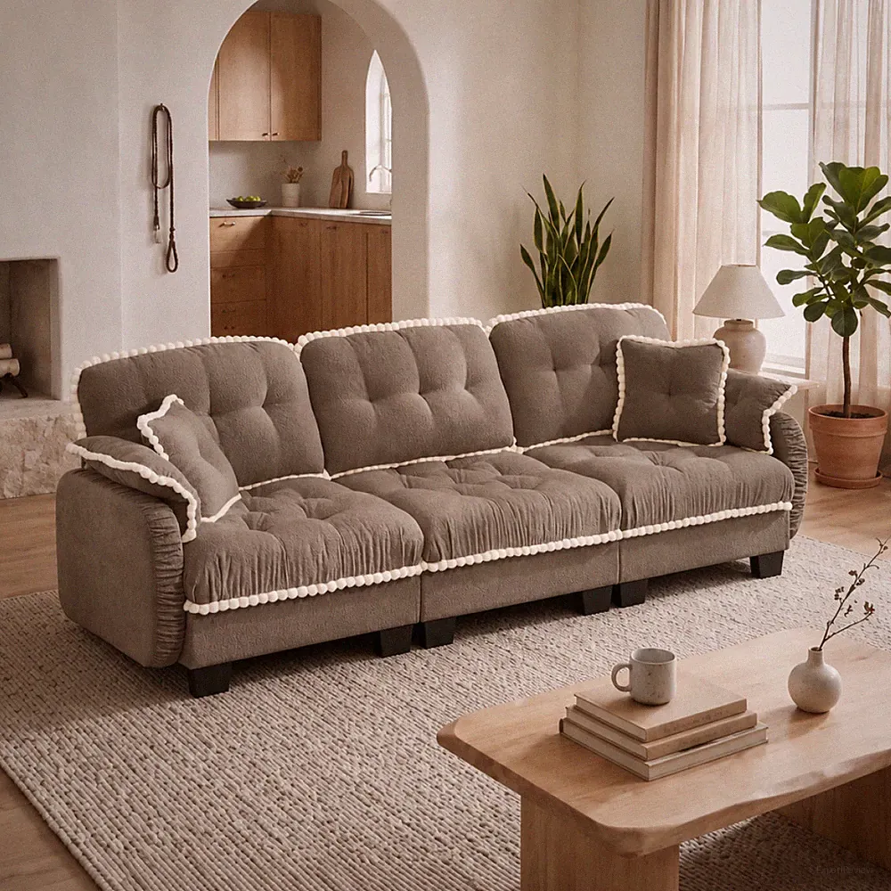 Chenille Cloud 3-Seater Sofa w/4 Pillows,Pom-Pom Trim Quilted Tufted Cushion