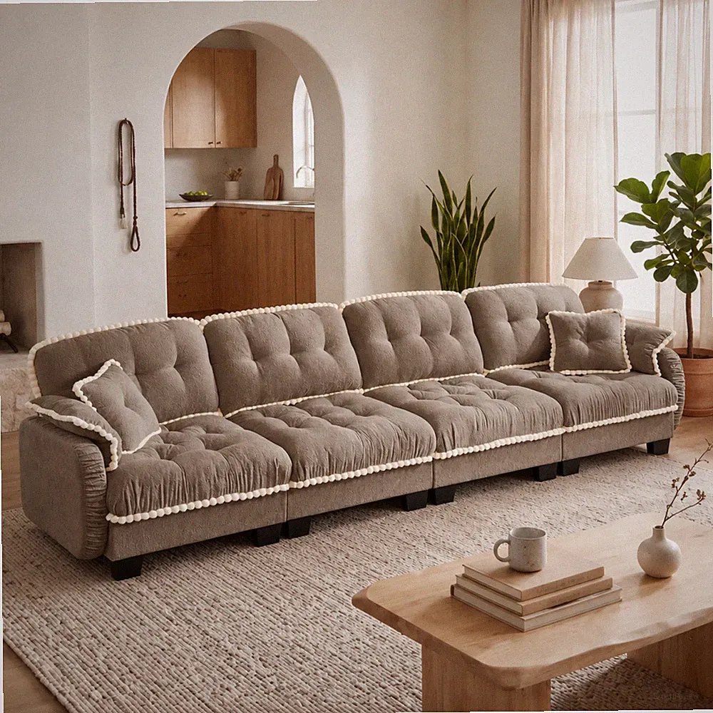 Chenille Cloud 4-Seater Sofa w/4 Pillows,Pom-Pom Trim Quilted Tufted Cushion