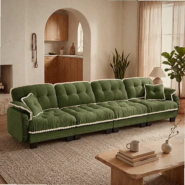 Chenille Cloud 4-Seater Sofa w/4 Pillows,Pom-Pom Trim Quilted Tufted Cushion Er