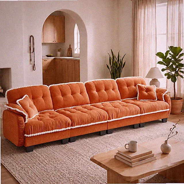 Chenille Cloud 4-Seater Sofa w/4 Pillows,Pom-Pom Trim Quilted Tufted Cushion Erg