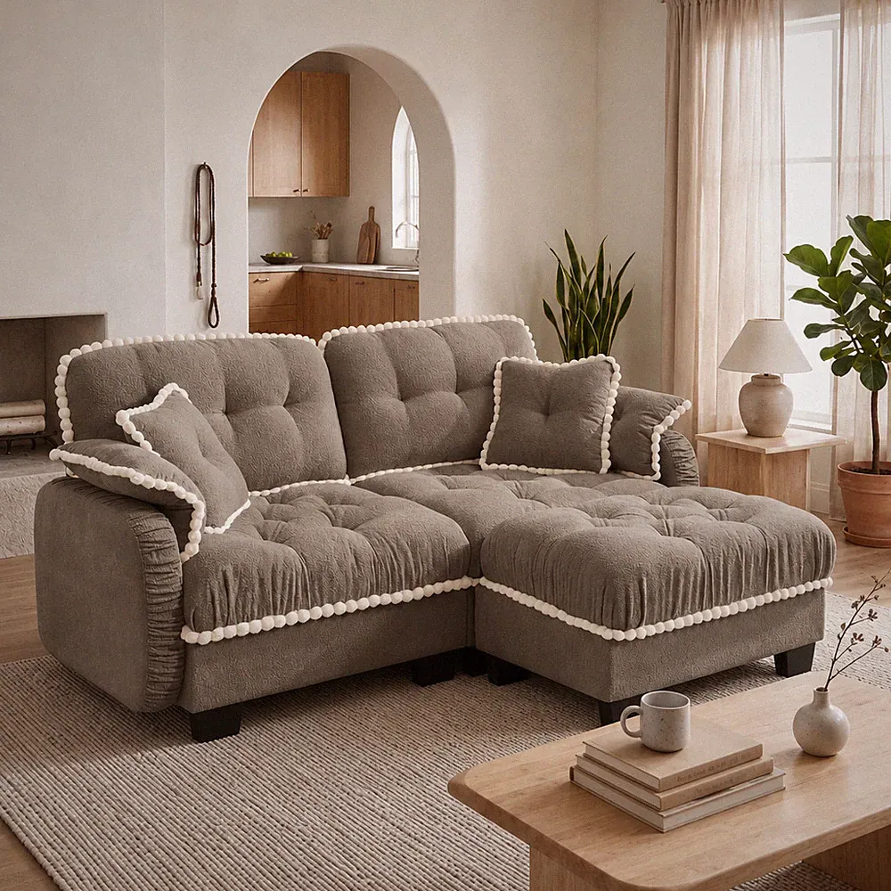 Chenille Cloud L-Shaped Loveseat Sofa w/4 Pillows,Movable Ottoman Pom-Pom Tri