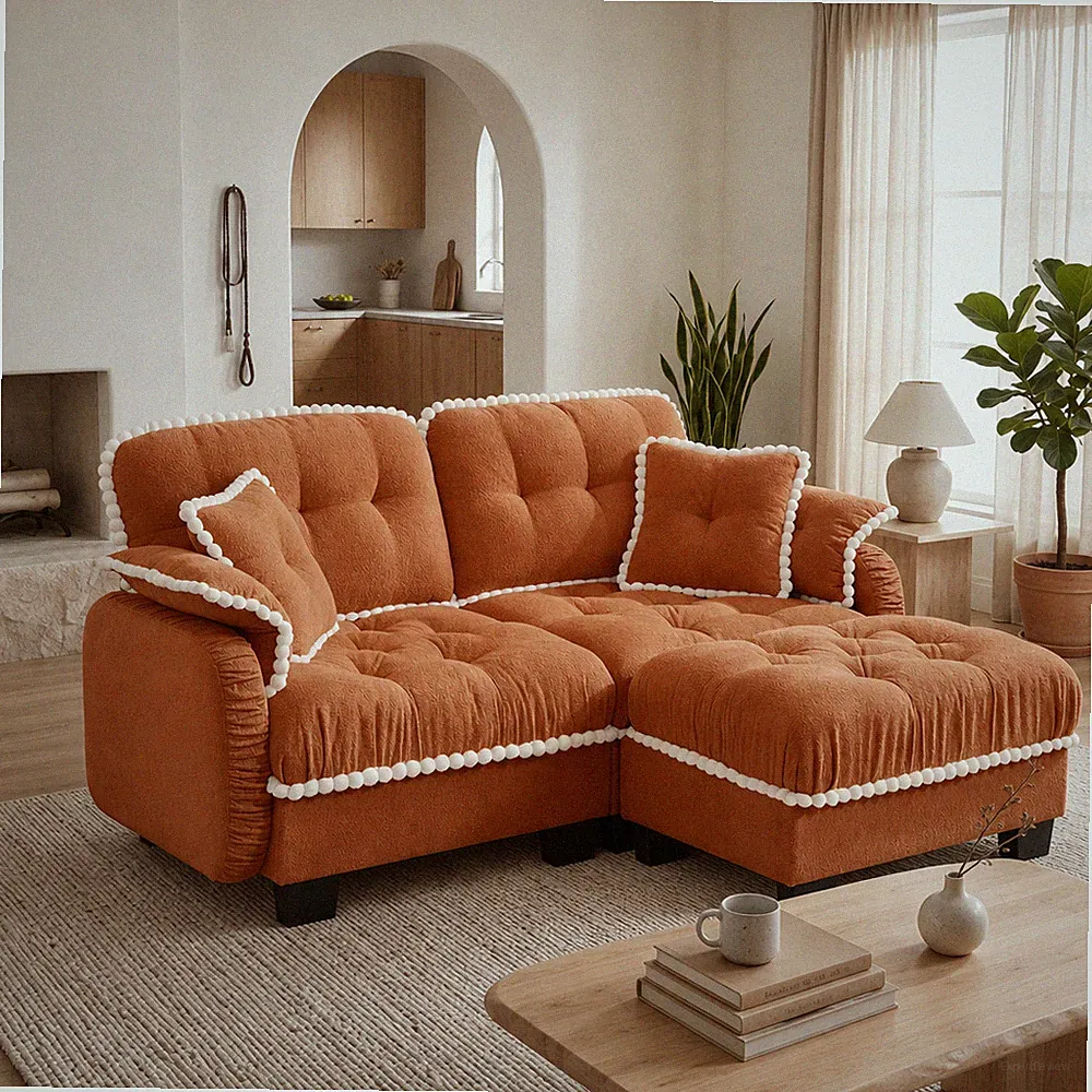 Chenille Cloud L-Shaped Loveseat Sofa w/4 Pillows,Movable Ottoman Pom-Pom Trim