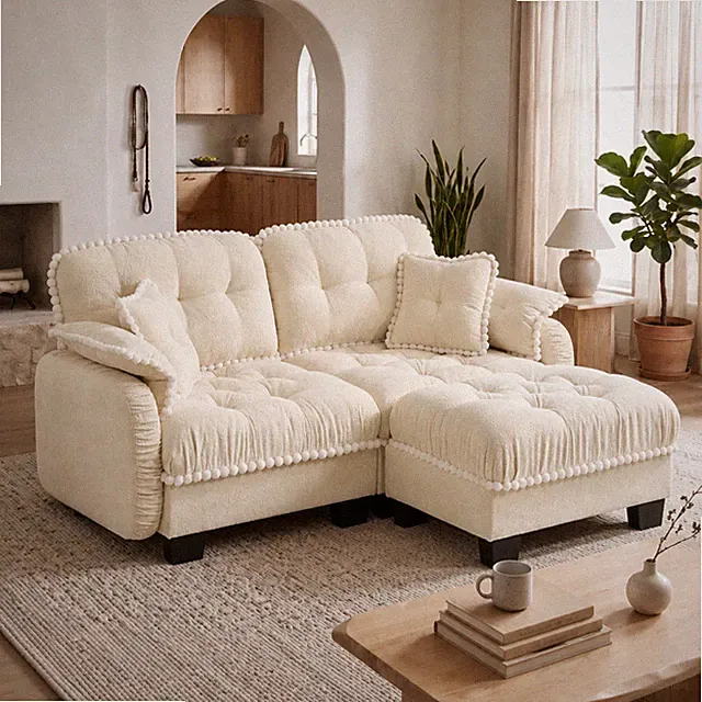 Chenille Cloud L-Shaped Loveseat Sofa w/4 Pillows,Movable Ottoman Pom-Pom Trim Q