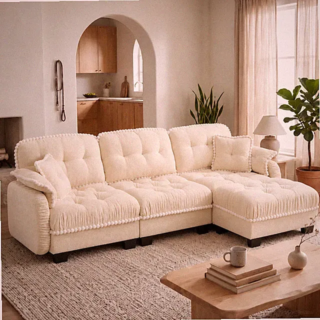 Chenille Cloud L-Shaped Sofa w/4 Pillows,Movable Ottoman Pom-Pom Trim Quilted T