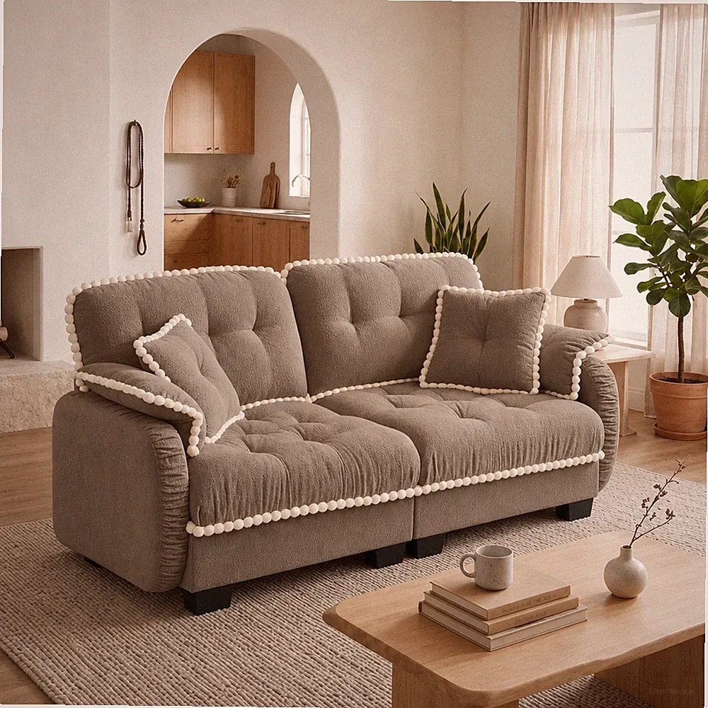 Chenille Cloud Loveseat Sofa w/4 Pillows,Pom-Pom Trim Quilted Tufted Cushion