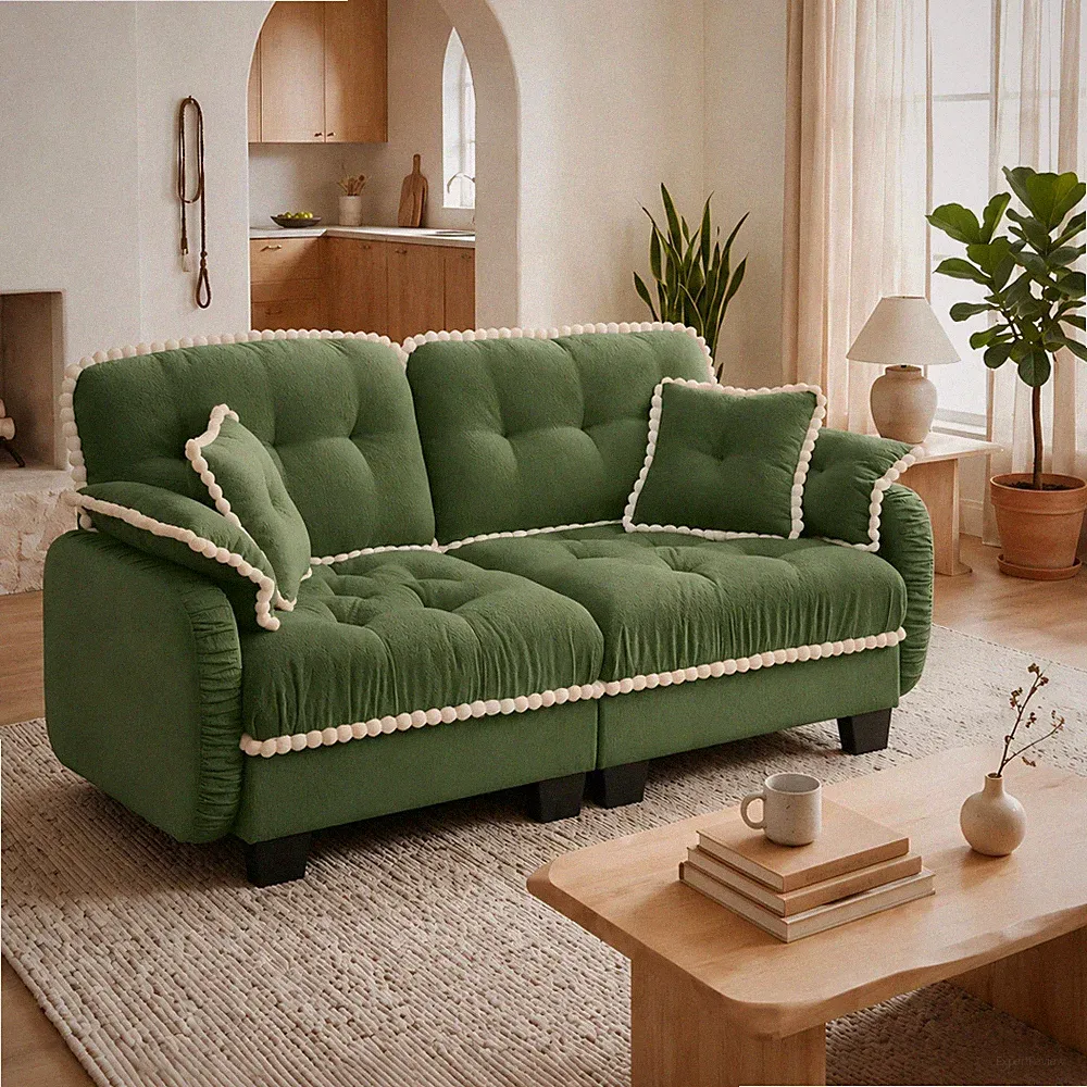 Chenille Cloud Loveseat Sofa w/4 Pillows,Pom-Pom Trim Quilted Tufted Cushion E