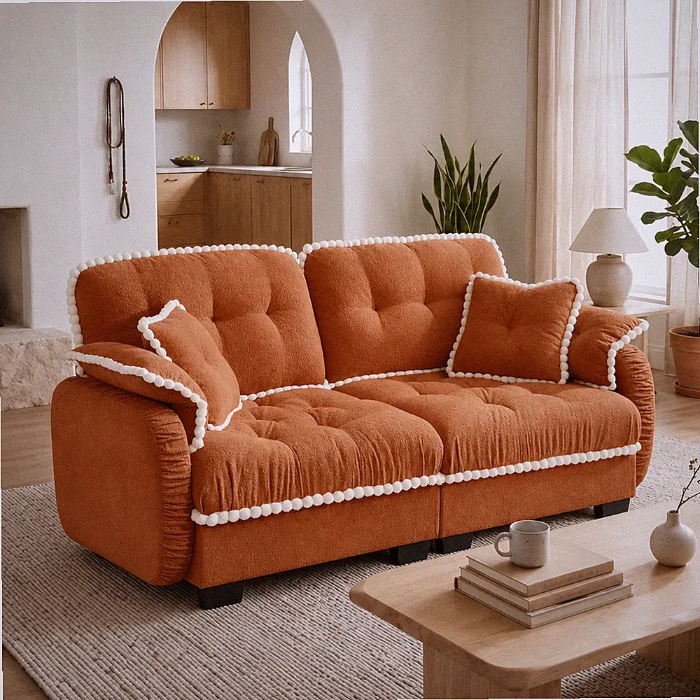 Chenille Cloud Loveseat Sofa w/4 Pillows,Pom-Pom Trim Quilted Tufted Cushion Er