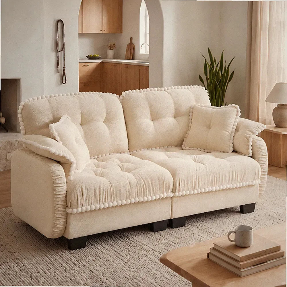 Chenille Cloud Loveseat Sofa w/4 Pillows,Pom-Pom Trim Quilted Tufted Cushion Erg