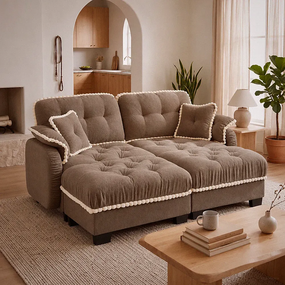 Chenille Cloud U-Shaped Loveseat Sofa w/4 Pillows,Movable Ottoman Pom-Pom Tri