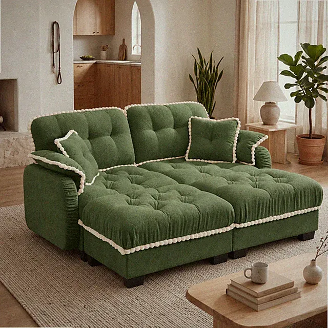 Chenille Cloud U-Shaped Loveseat Sofa w/4 Pillows,Movable Ottoman Pom-Pom Trim