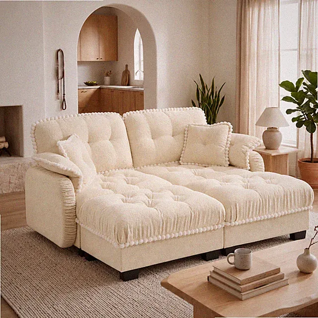 Chenille Cloud U-Shaped Loveseat Sofa w/4 Pillows,Movable Ottoman Pom-Pom Trim Q