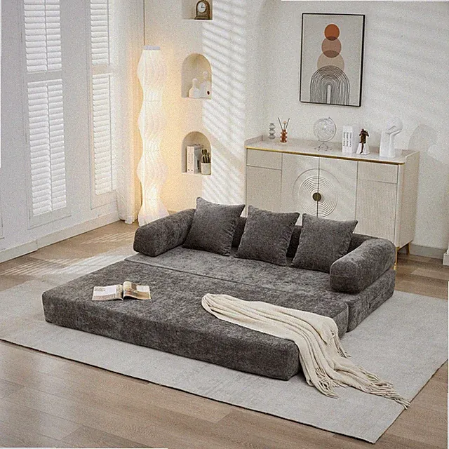 Chenille Convertible Floor Sofa Bed Couch Foldable Lounge Sofa Living Room Gray