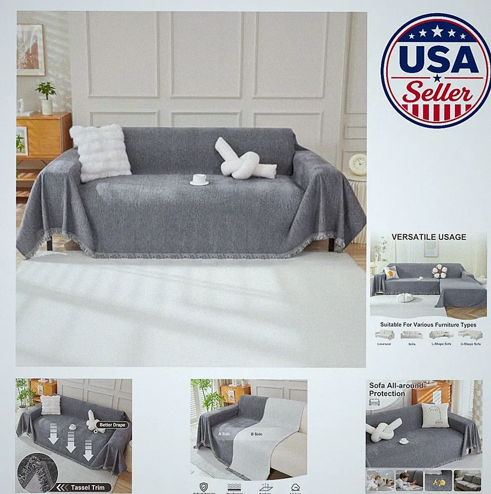 Chenille Couch Cover 71x134 Inch Dark Grey Washable Non Slip Sofa Slipcover for