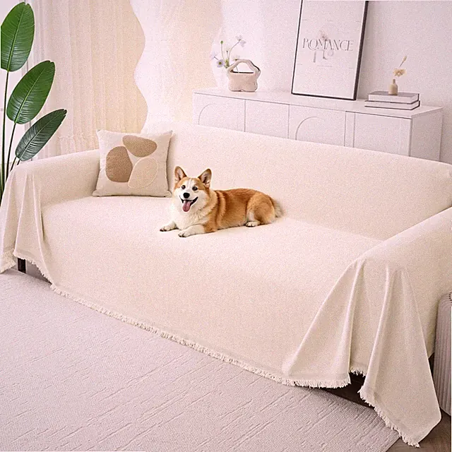 Chenille Couch Cover for Dogs 3 Cushion Sofa Protector 71x134 Inch Beige