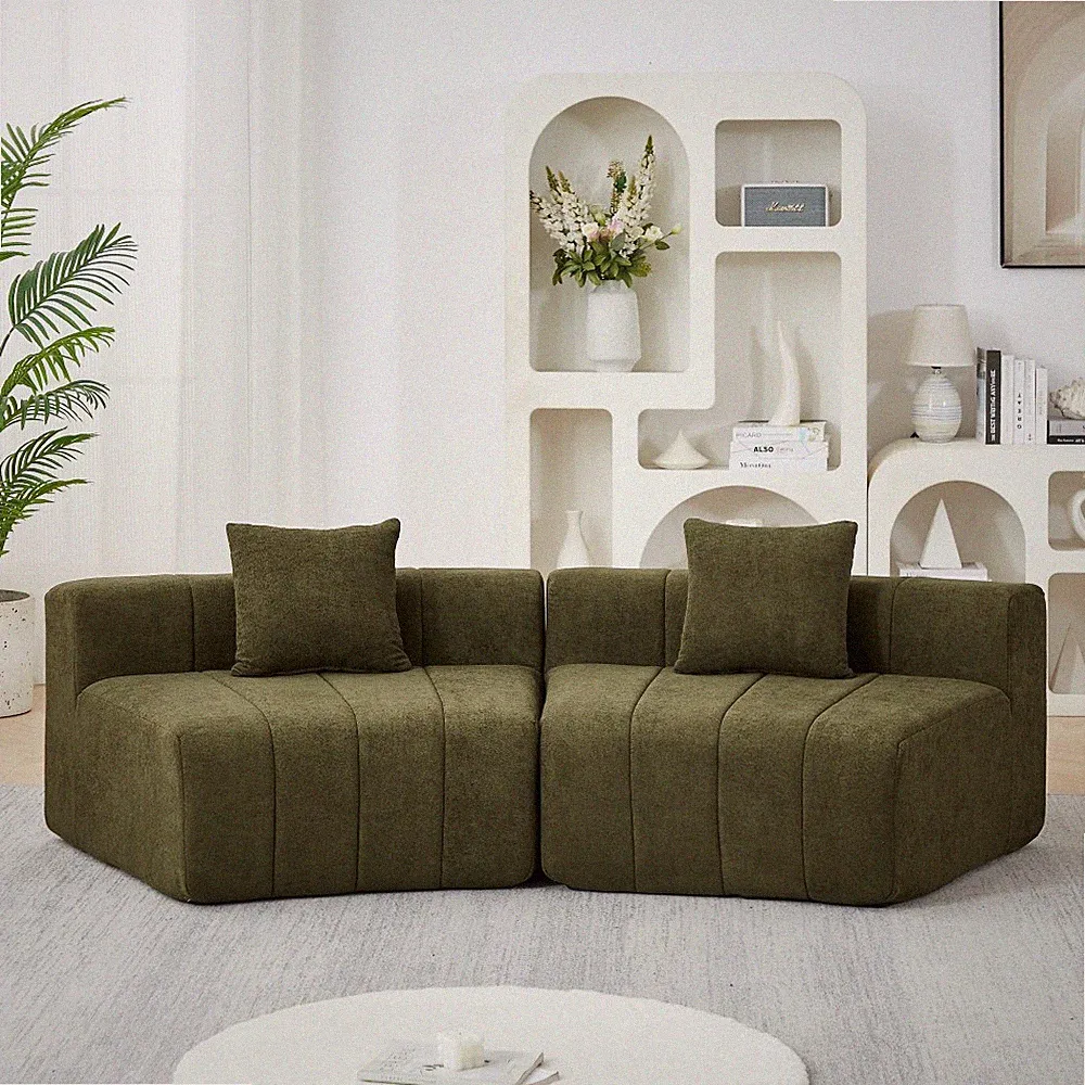 Chenille Curved Sectional Sofa with 4 Pillows, Green, 2-Seat