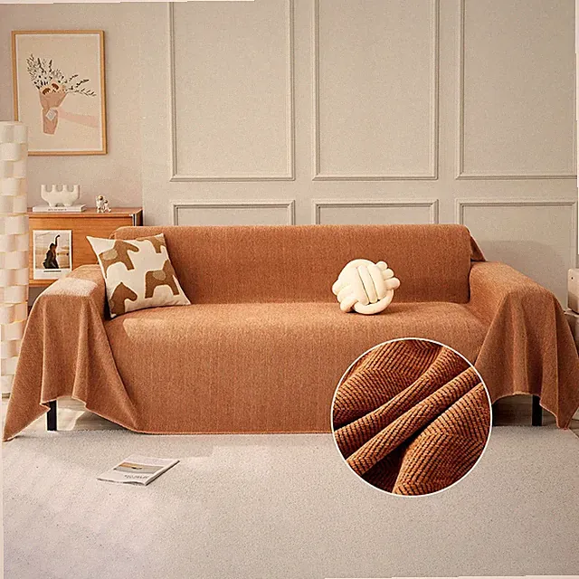 Chenille Dark Orange Sofa Cover for Dogs, Non-Slip 2-Cushion Protector 71x118in