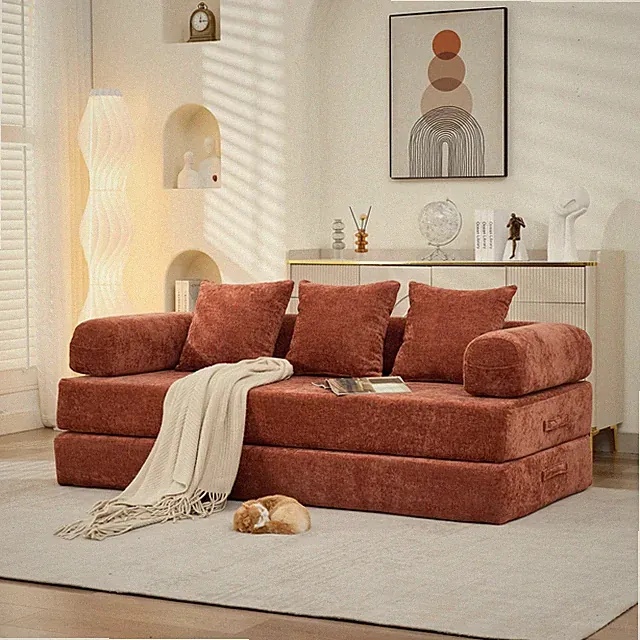 Chenille Fabric Convertible Floor Sofa Couch Bed Foldable Lounge Sofa Orange NEW