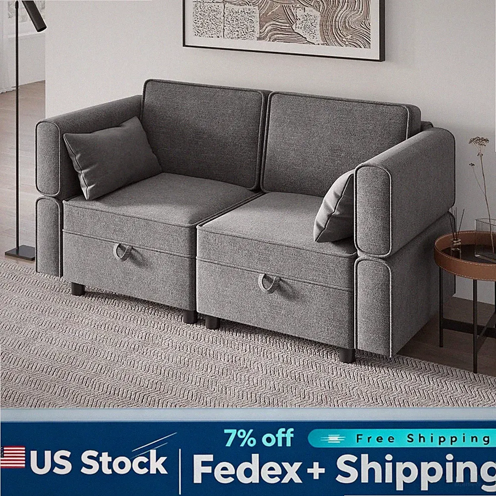 Chenille Fabric Loveseat with Storage Ottoman, Adjustable Backrest Small Sofa