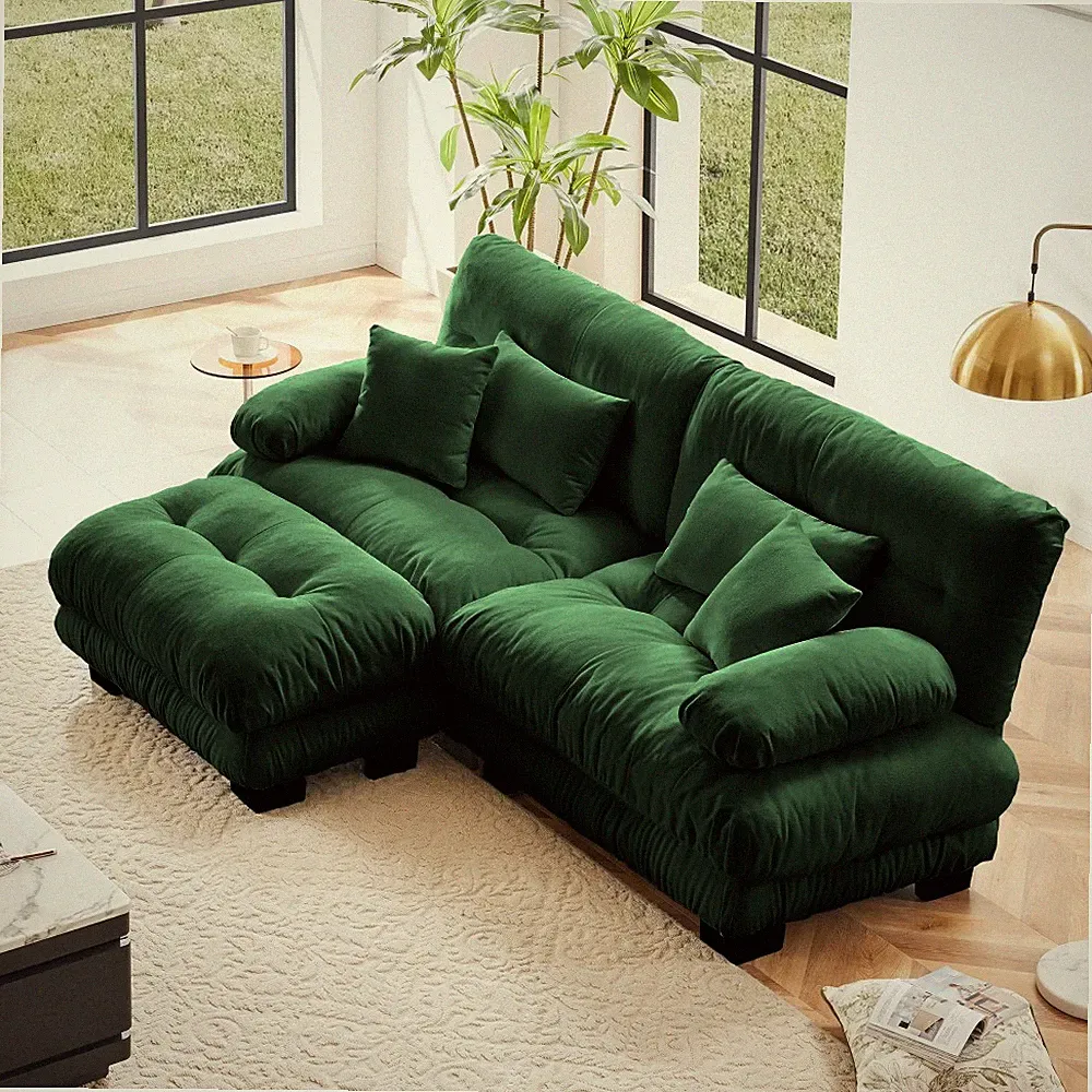 Green Chenille Cloud Couch Sectional Sofa, Convertible Ottoman For Living Room