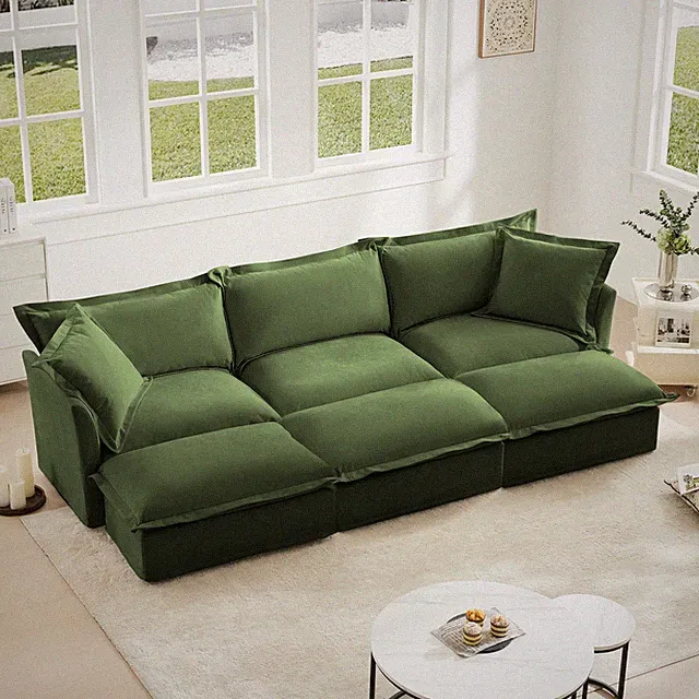 Chenille Green Modular Sectional Sofa Bed w/ 3 Ottoman Sleeper
