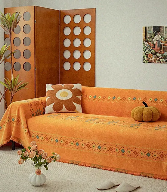 Chenille Jacquard Sofa Protector Cover Washable Boho Couch Throw with Tassels