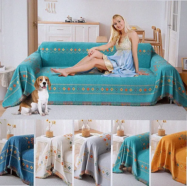 Chenille Jacquard Sofa Protector Cover Washable Boho Couch Throw with Tassels