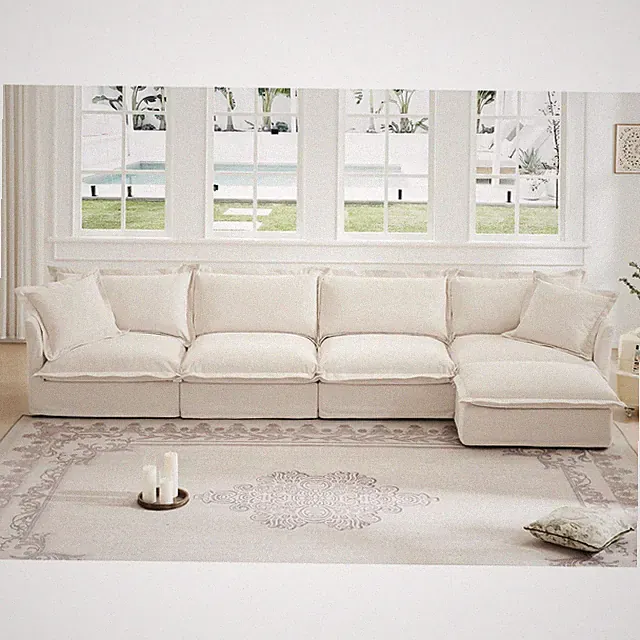 Chenille L Shape Sectional Sofa, 4 Seat, Deep Seat, Removable Covers - Cream