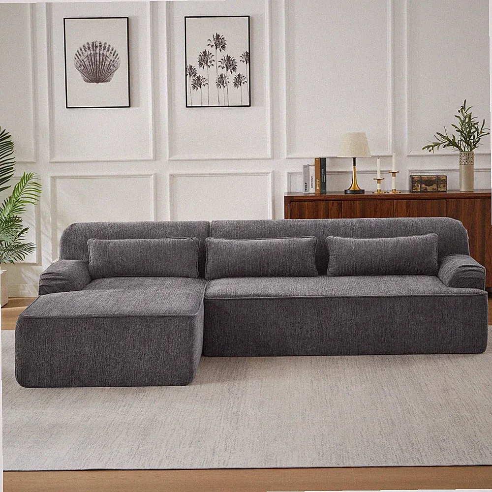 Chenille L-Shape Sectional Sofa, 4 Seat Sleeper Couch, Grey