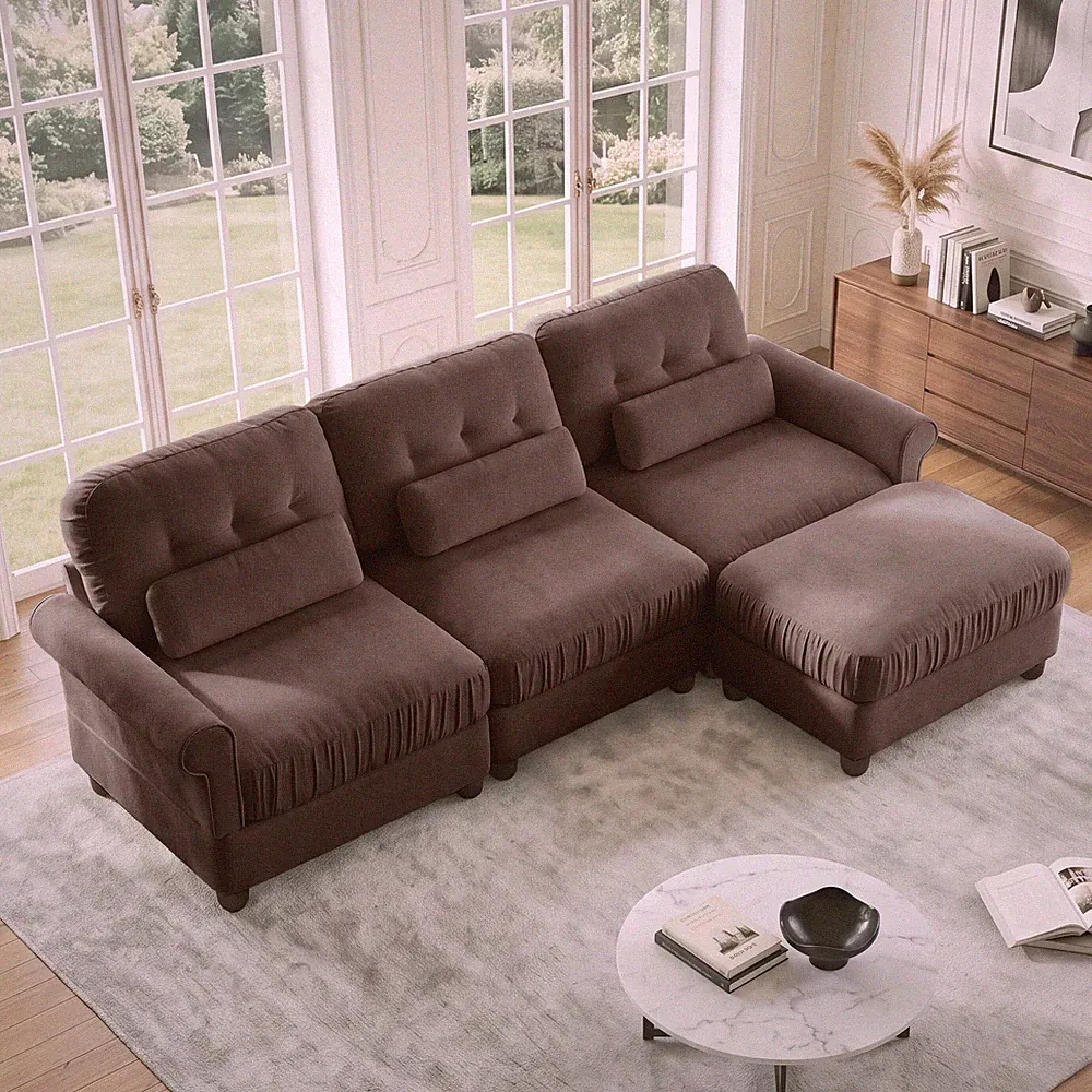 Chenille L-Shape Sectional Sofa with Ottoman 98 Inch Brown Modular Living Room