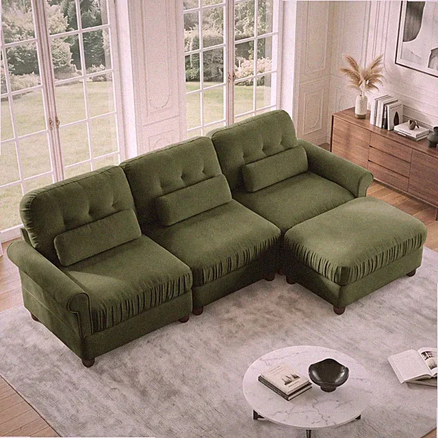 Chenille L-Shape Sectional Sofa with Ottoman 98 Inch Green Living Room Set