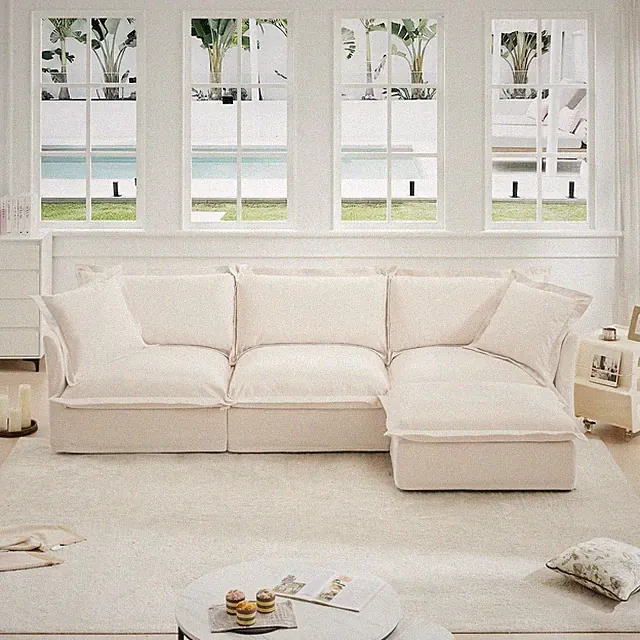 Chenille L-Shaped Convertible Sectional Sofa Ottoman Chaise 3 Seater