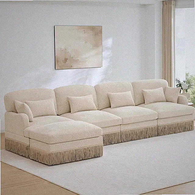 Chenille L-Shaped Sectional Sofa w/ Leopard Print, Ottoman, 4-Seats Beige