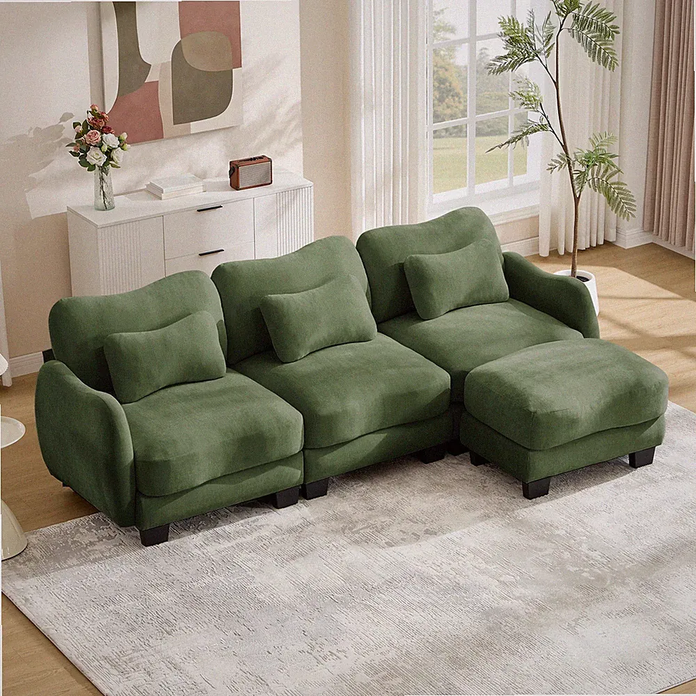 Chenille L-Shaped Sectional Sofa with Movable Ottoman 101 Inch Green