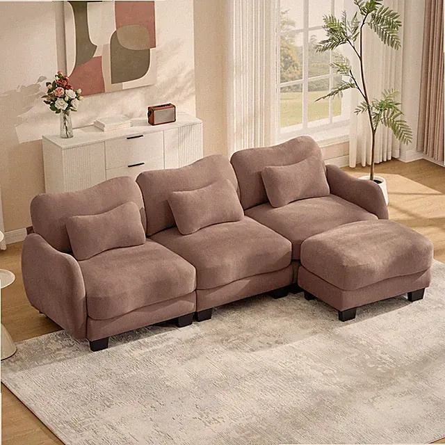 Chenille L-Shaped Sectional Sofa with Ottoman 101 Inch Rose Dust