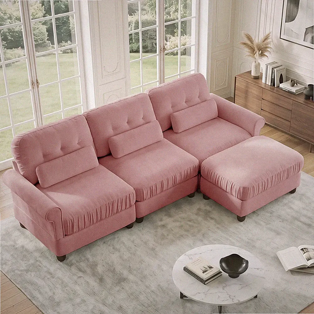 Chenille L-Shaped Sectional Sofa with Ottoman 98 Inch Pink Modular Living Room