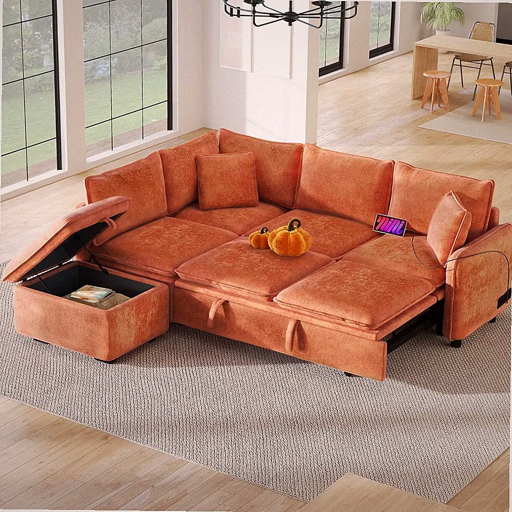Chenille L-Shaped Sleeper Sofa with Storage Ottoman & USB Ports for Living Room