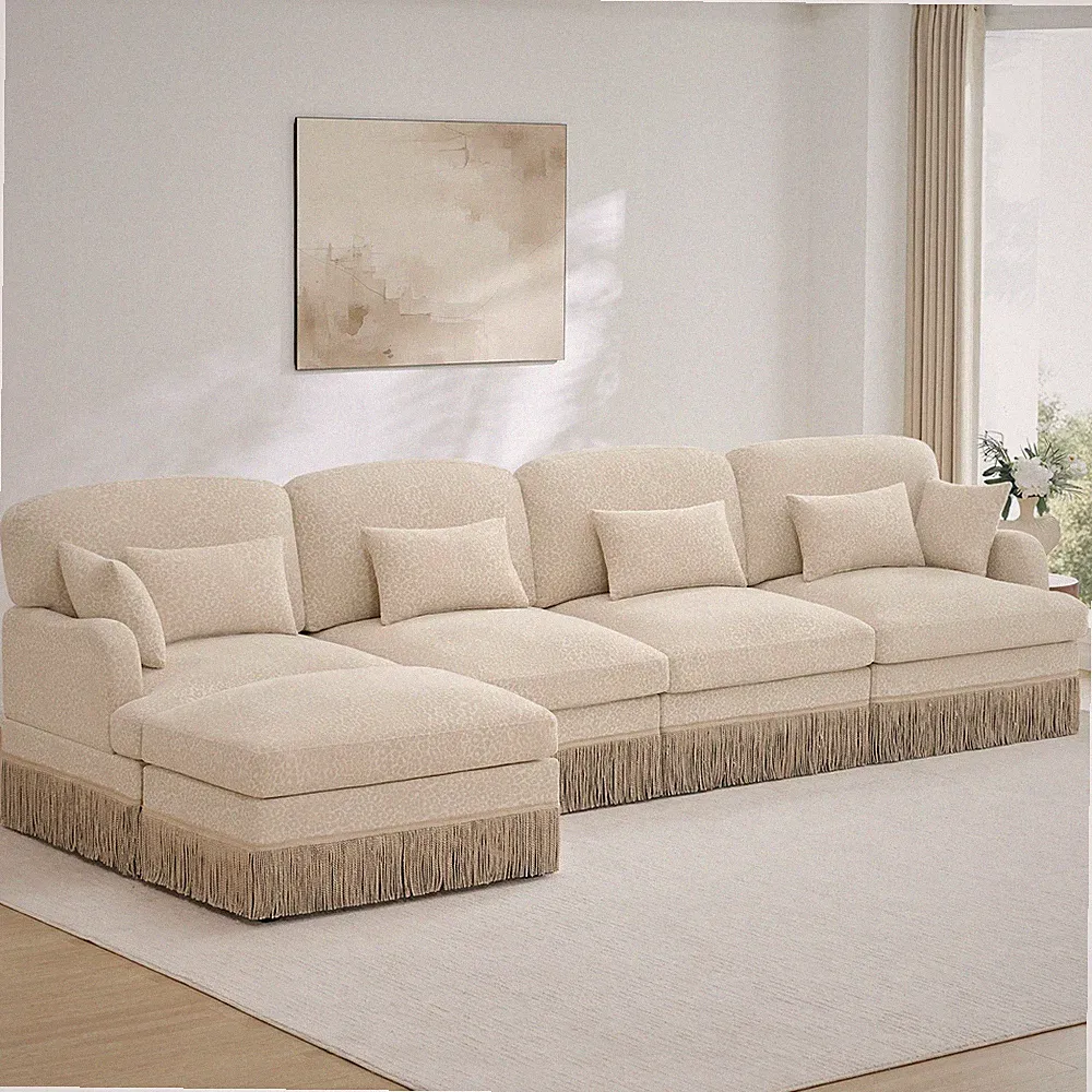 Chenille Leopard Print L-Shaped Sectional Sofa w/ Ottoman, Beige, Modern & Comfy
