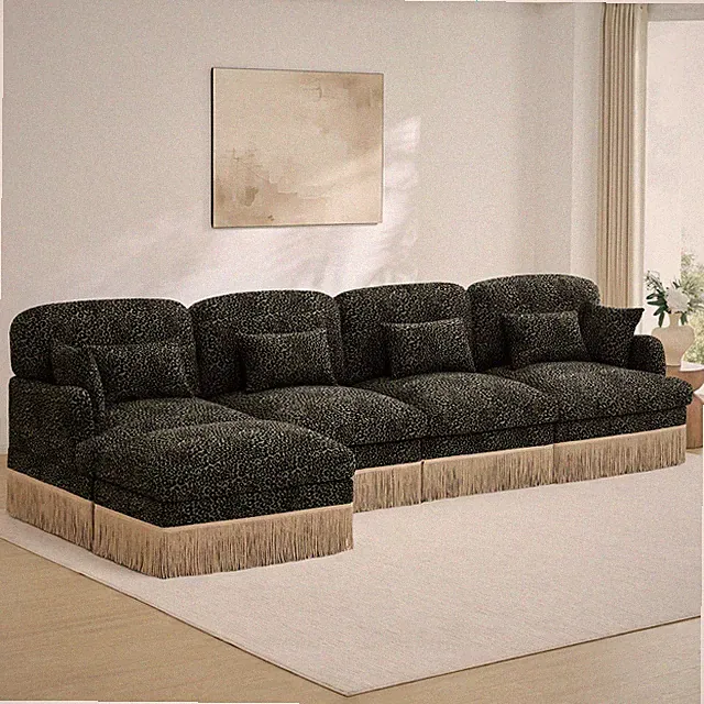 Chenille Leopard Print L-Shaped Sectional Sofa w/Ottoman, Modular, Tassel Edge