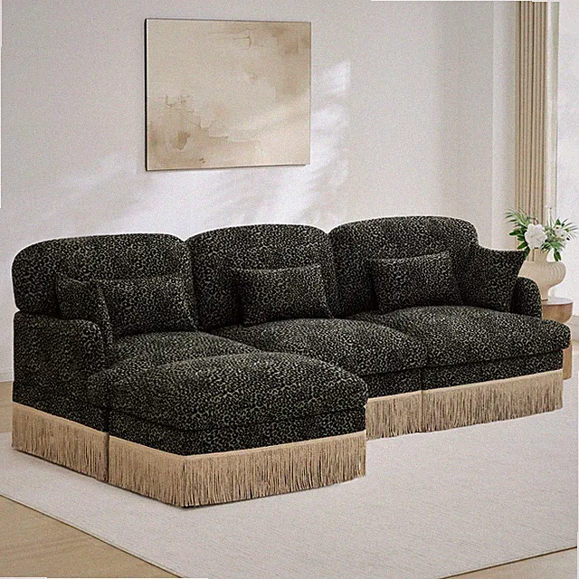 Chenille Leopard Print L-Shaped Sofa w/ Ottoman, 3-Seat Sectional, Modern, Green