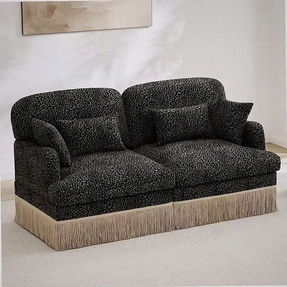 Chenille Leopard Print Loveseat Sofa Modular Sectional, 2-Seat Green/Black