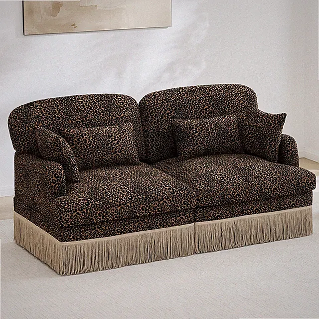 Chenille Leopard Print Loveseat Sofa w/ Tassels, 2-Seat Sectional