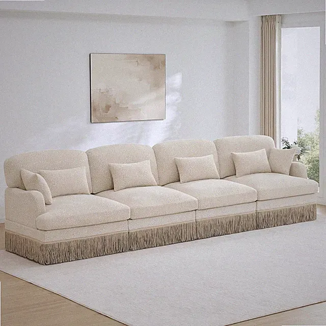 Chenille Leopard Print Modular Sectional Sofa, 4-Seater w/ Tassels, Beige