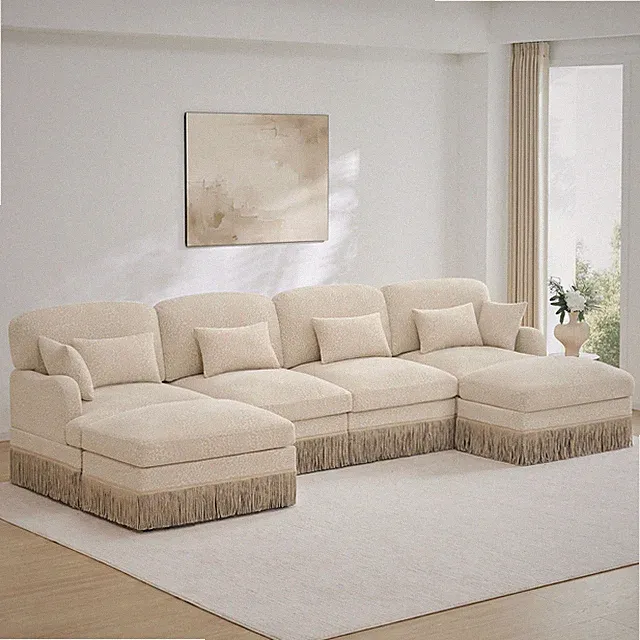 Chenille Leopard Print Sectional Sofa with Ottoman, Beige
