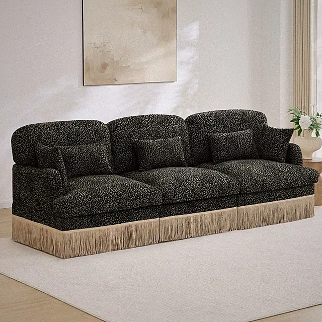 Chenille Leopard Print Sofa 3-Seater Modular Sectional w/ Tassel Trim, Deep Seat