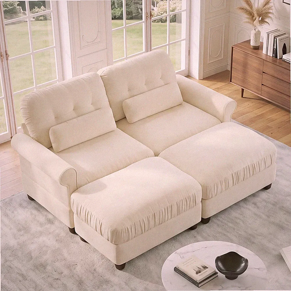 Chenille Loveseat Sectional with 2 Ottomans Ruffled Cushions Rolled Arms Beige