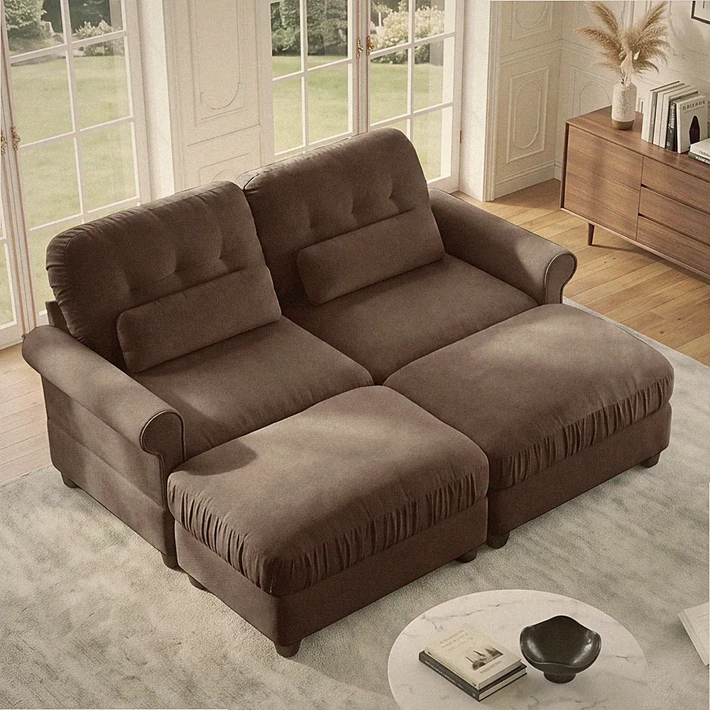 Chenille Loveseat Sectional with 2 Ottomans Ruffled Cushions Rolled Arms Brown