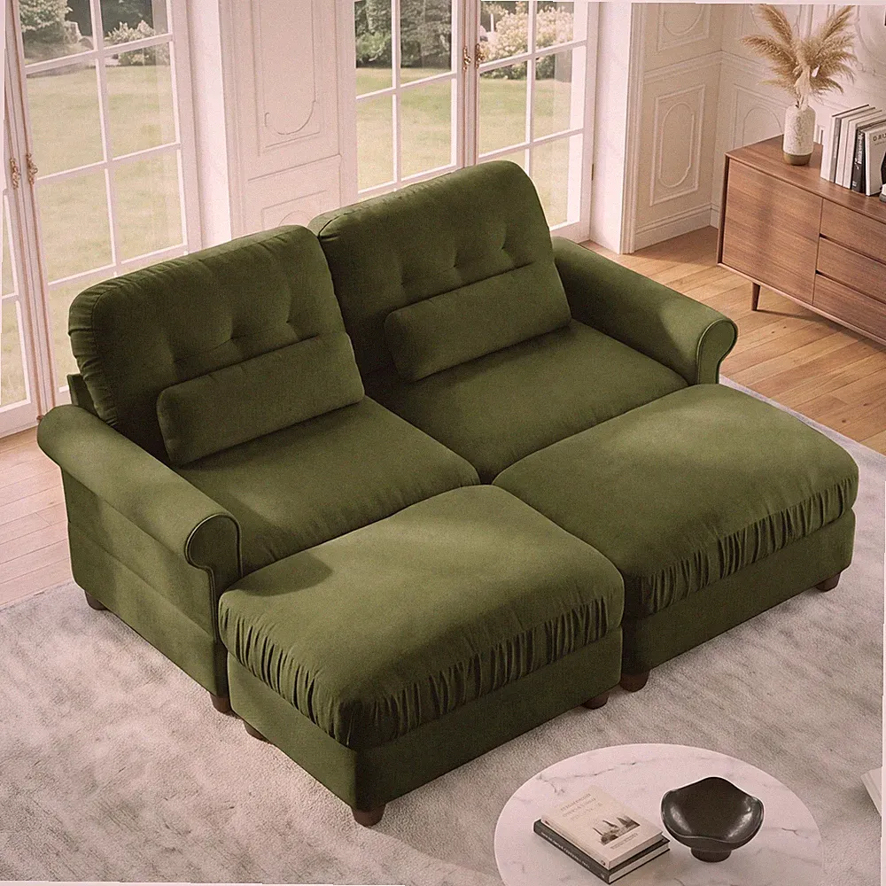 Chenille Loveseat Sectional with 2 Ottomans Ruffled Cushions Rolled Arms Green