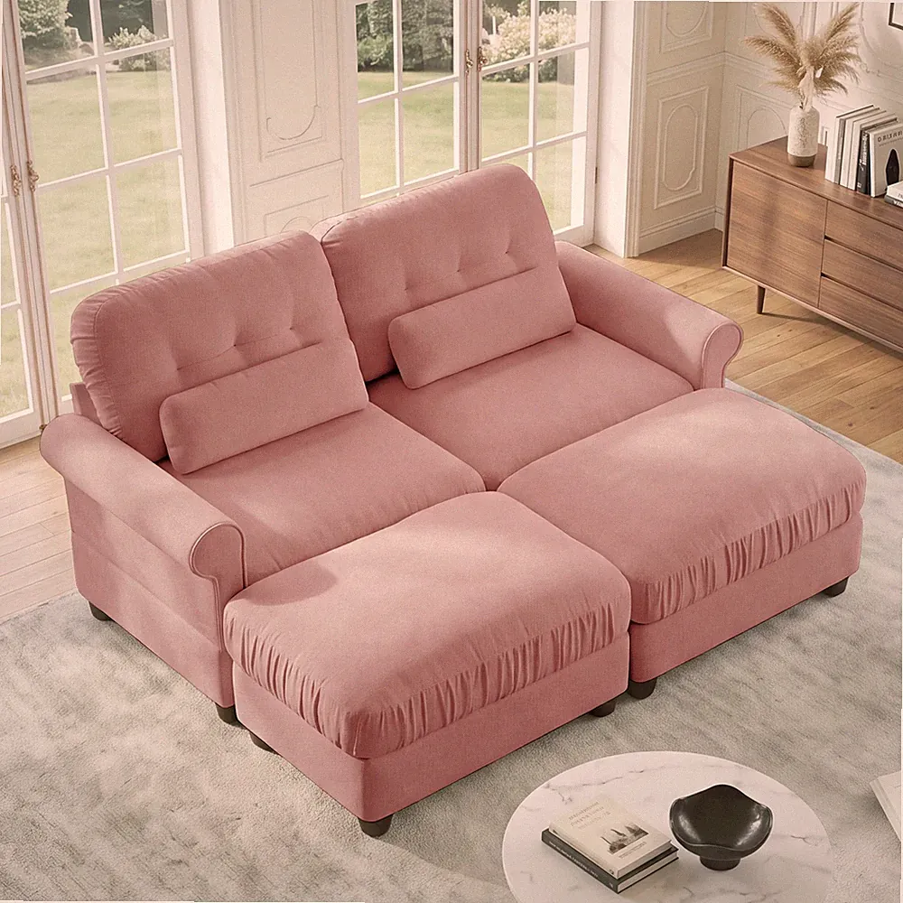 Chenille Loveseat Sectional with 2 Ottomans Ruffled Cushions Rolled Arms Pink